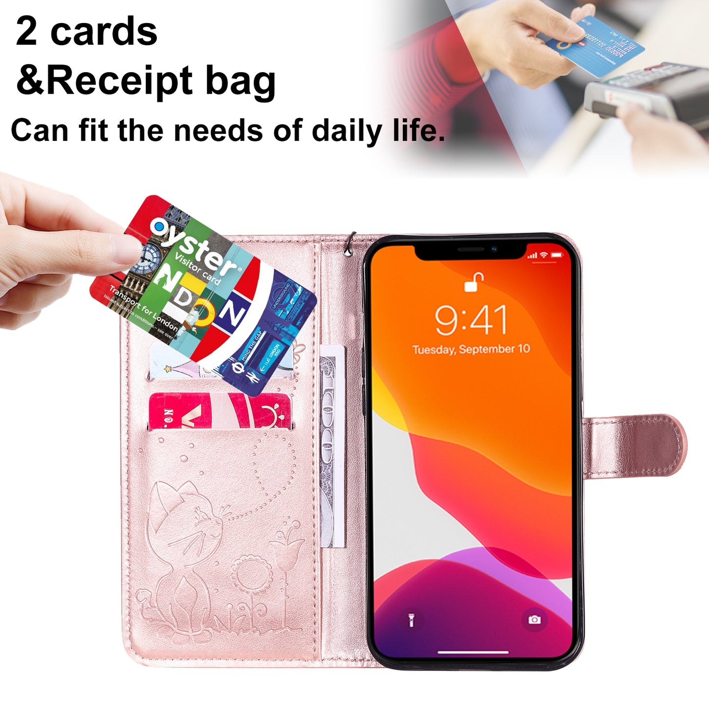 For Apple iPhone 13 Pro Max Cat and Bee Embossed Flip Leather Phone Case Wallet Cover with Card Slots Cash Pocket Magnetic Stand Protective Shockproof TPU PU Leather Case with Wrist Strap