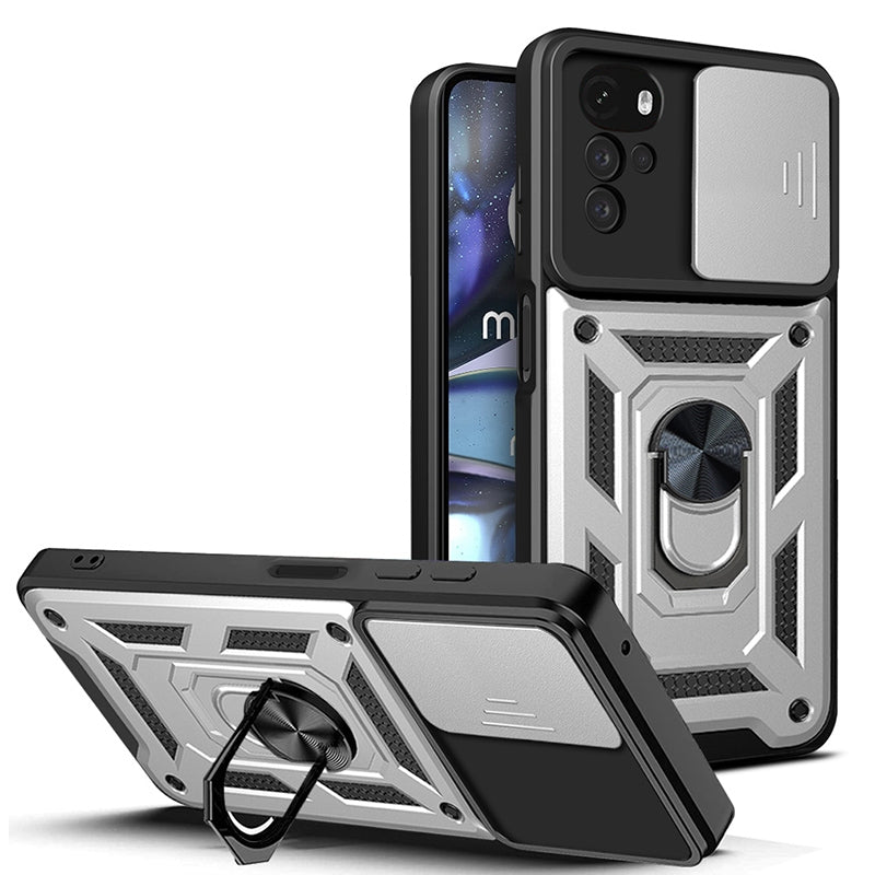Motorola Moto G22 Sliding Camera Cover Magnetic Ring Stand Shockproof TPU + PC Protective Phone Case