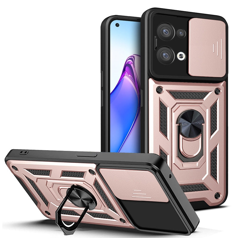 OPPO Reno8 5G Sliding Camera Cover Magnetic Ring Stand Shockproof TPU + PC Protective Phone Case