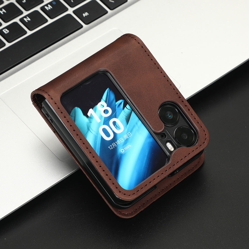 OPPO Find N2 Flip Skin Feel PU Leather Wallet Phone Case with Card Slots, Cash Pocket, Magnetic Closure, Built-In Stand, Full Protection TPU Cover