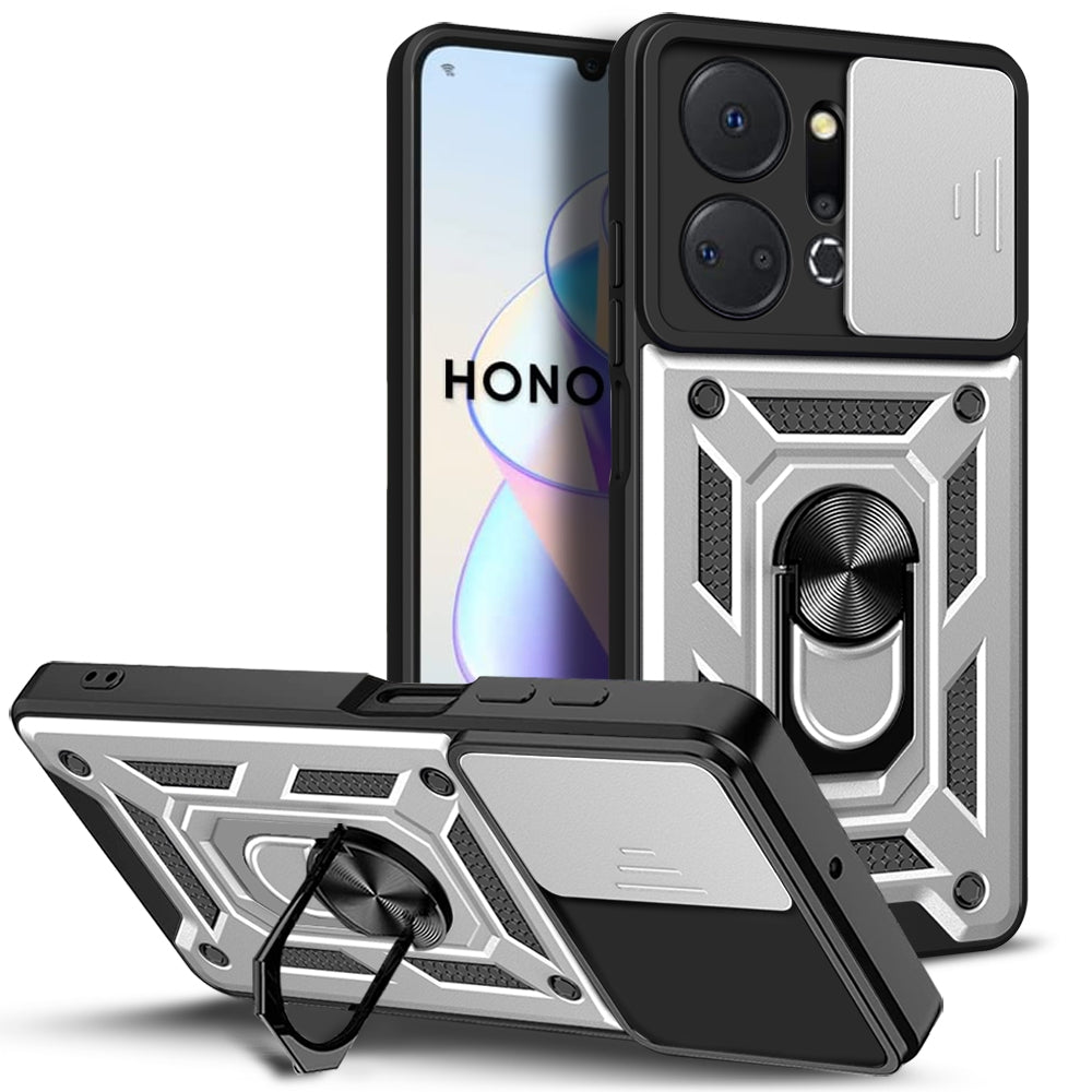 Honor X7a 5G Sliding Camera Cover Magnetic Ring Stand Shockproof TPU + PC Protective Phone Case
