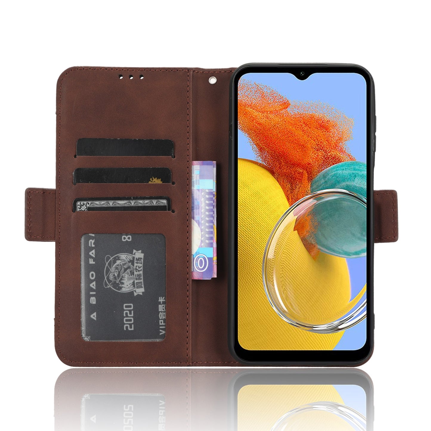 Samsung Galaxy M14 5G Skin Feel PU Leather Wallet Phone Case with Card Slots, Cash Pocket, Magnetic Closure, Built-In Stand, Full Protection TPU Cover