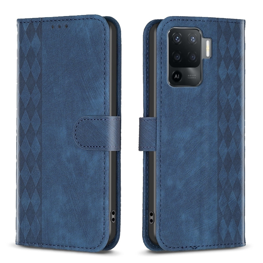 OPPO Reno5 F Plaid Embossed Leather Phone Case – Premium Wallet Kickstand & Shock Absorption for Durable Protection