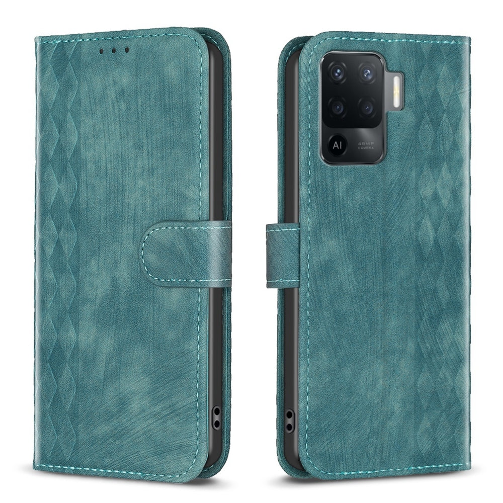 OPPO Reno5 F Plaid Embossed Leather Phone Case – Premium Wallet Kickstand & Shock Absorption for Durable Protection