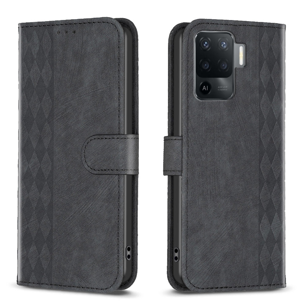 OPPO Reno5 F Plaid Embossed Leather Phone Case – Premium Wallet Kickstand & Shock Absorption for Durable Protection