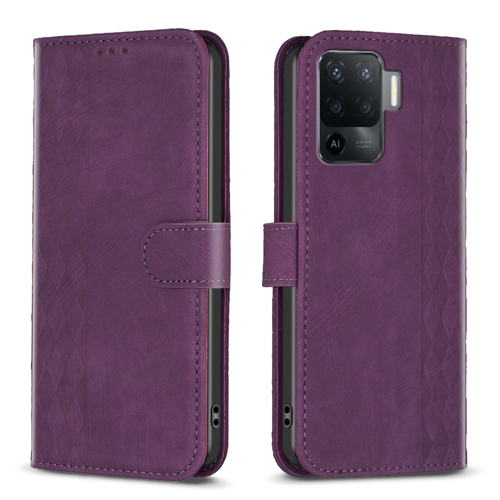 OPPO Reno5 F Plaid Embossed Leather Phone Case – Premium Wallet Kickstand & Shock Absorption for Durable Protection
