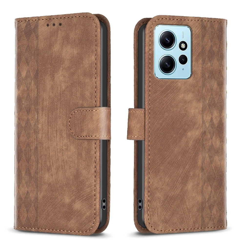 Xiaomi Redmi Note 12 4G Global Plaid Embossed Leather Phone Case – Premium Wallet Kickstand & Shock Absorption for Durable Protection