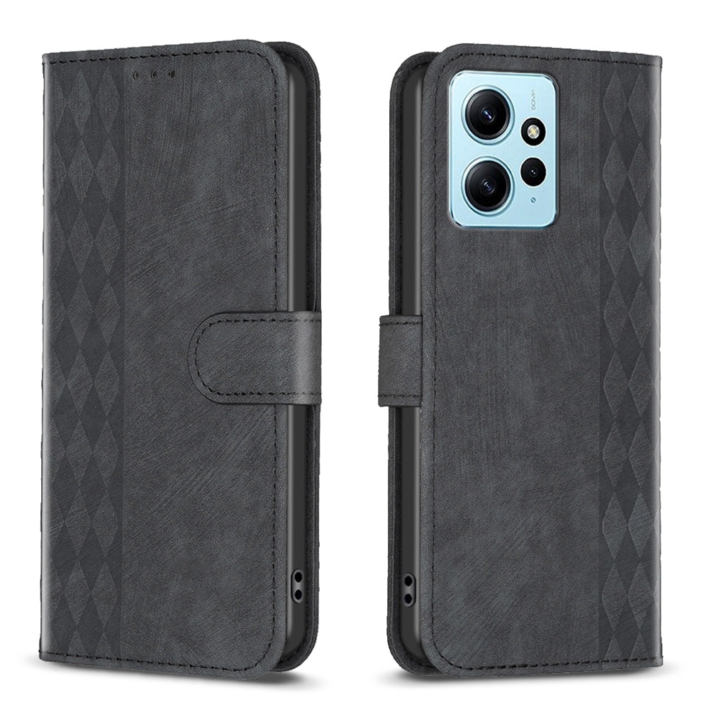 Xiaomi Redmi Note 12 4G Global Plaid Embossed Leather Phone Case – Premium Wallet Kickstand & Shock Absorption for Durable Protection
