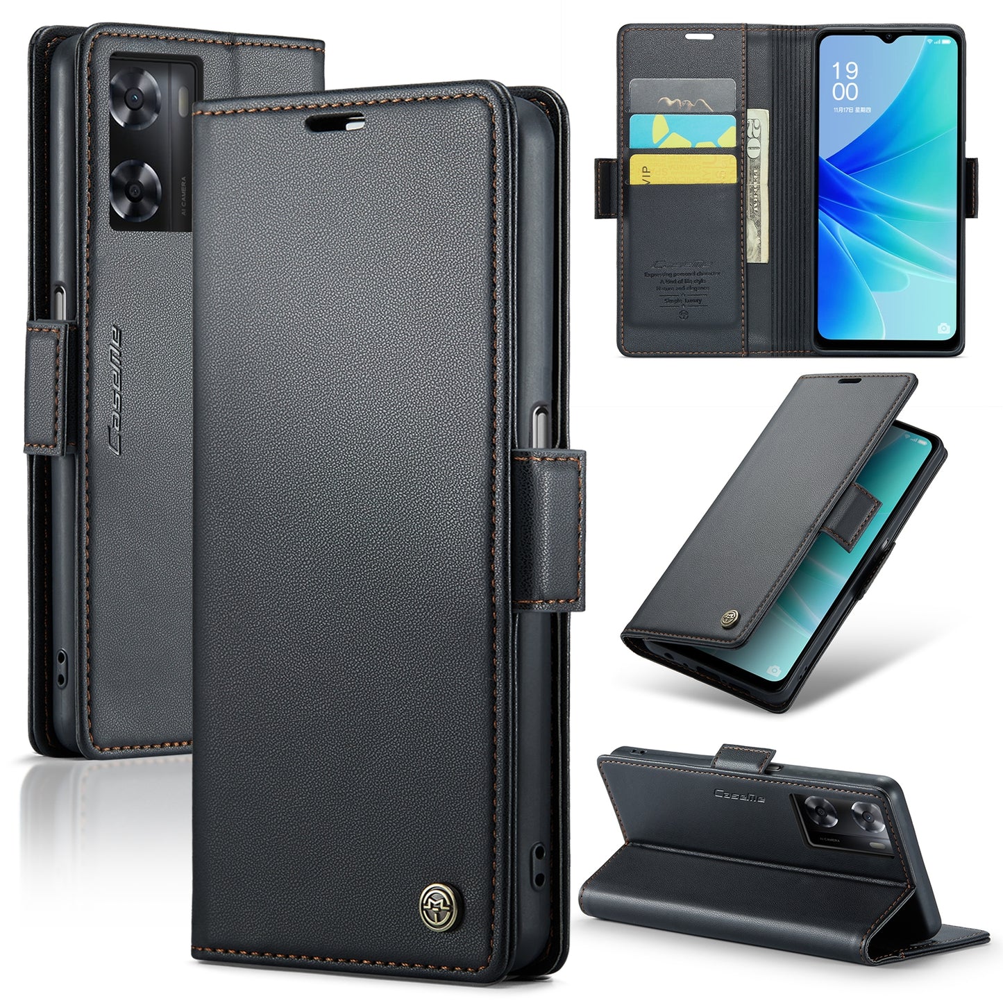 OPPO A57e 4G Litchi Texture RFID Anti-theft Leather Phone Case with Butterfly Buckle, Stand & Card Wallet with TPU Shell