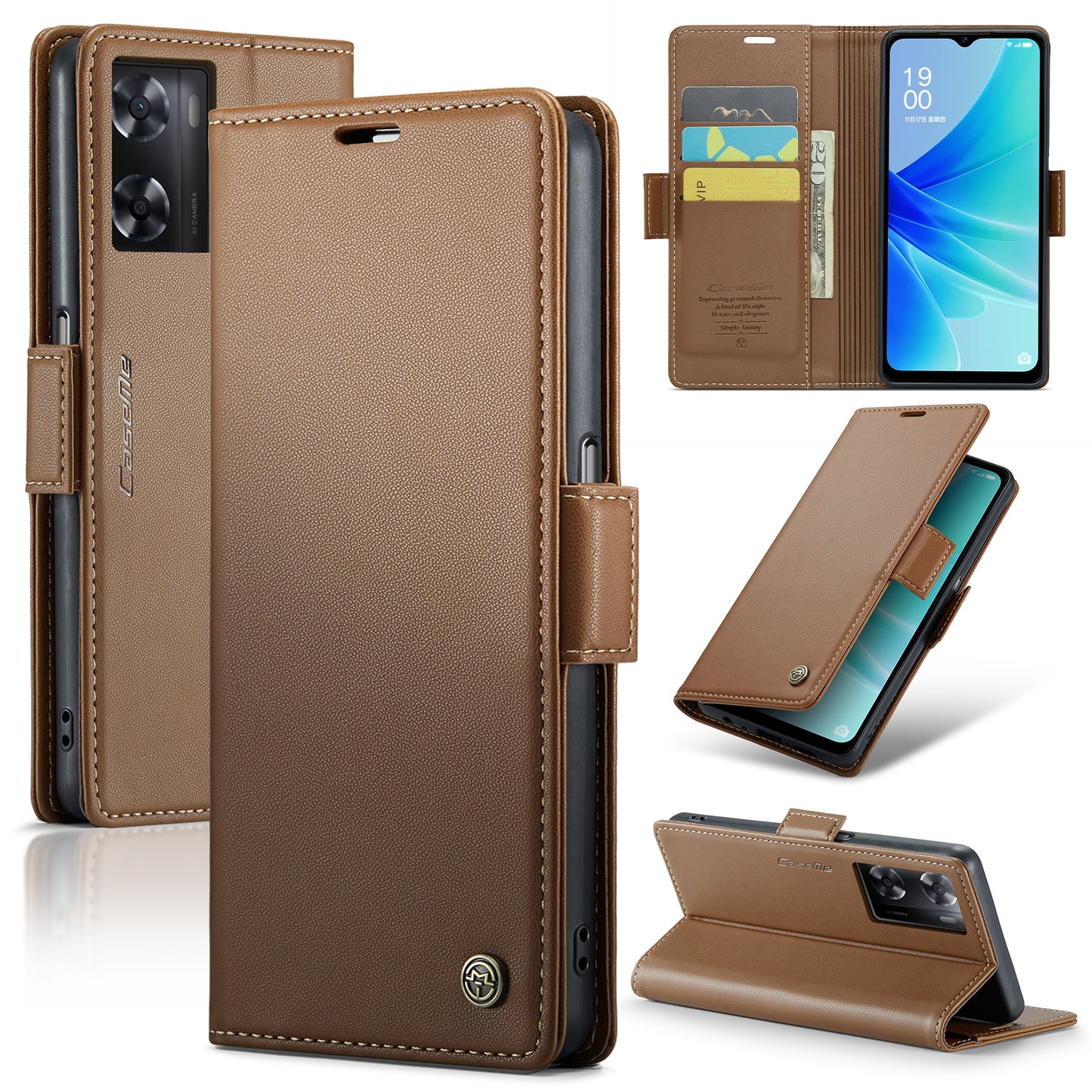 OPPO A57e 4G Litchi Texture RFID Anti-theft Leather Phone Case with Butterfly Buckle, Stand & Card Wallet with TPU Shell