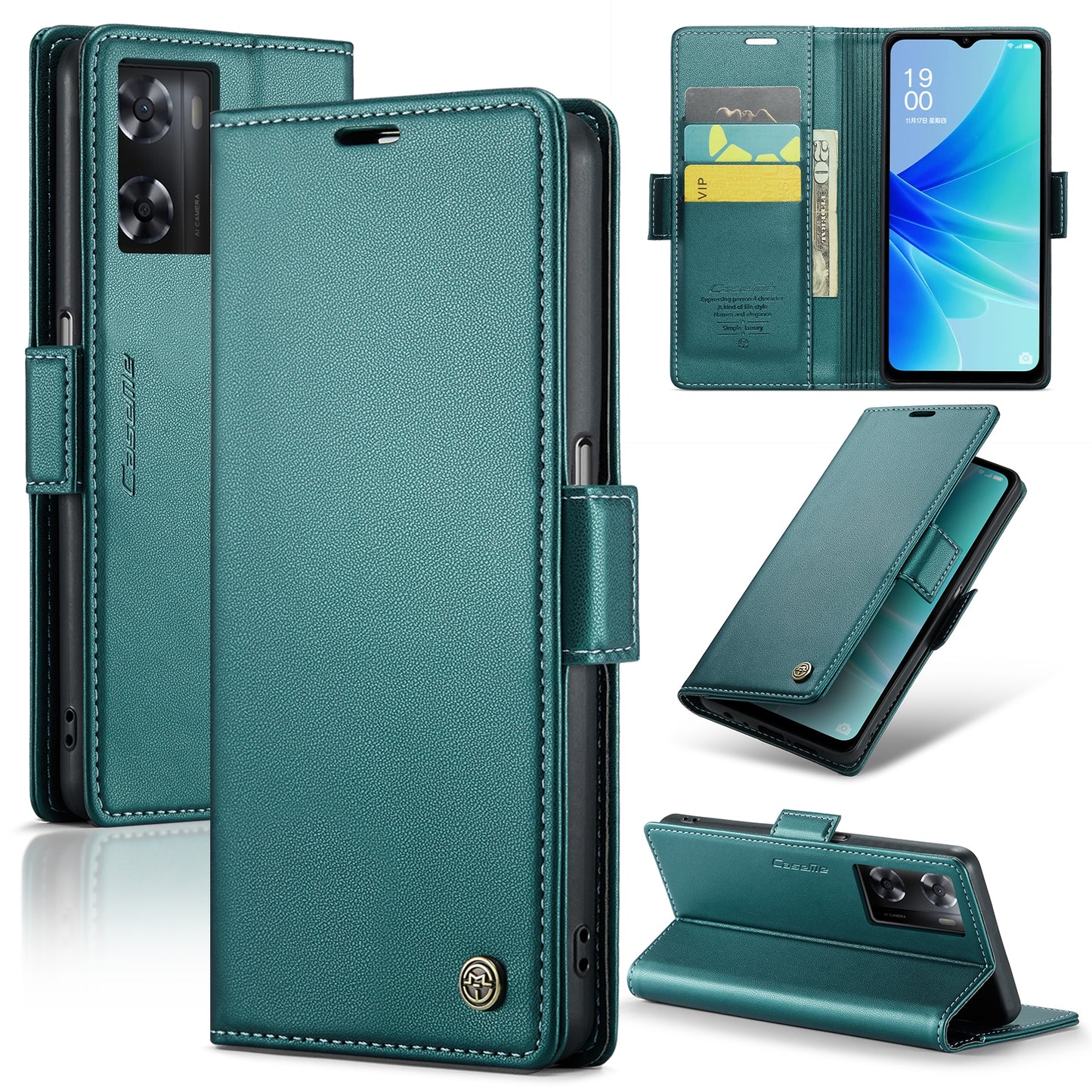 OPPO A57e 4G Litchi Texture RFID Anti-theft Leather Phone Case with Butterfly Buckle, Stand & Card Wallet with TPU Shell