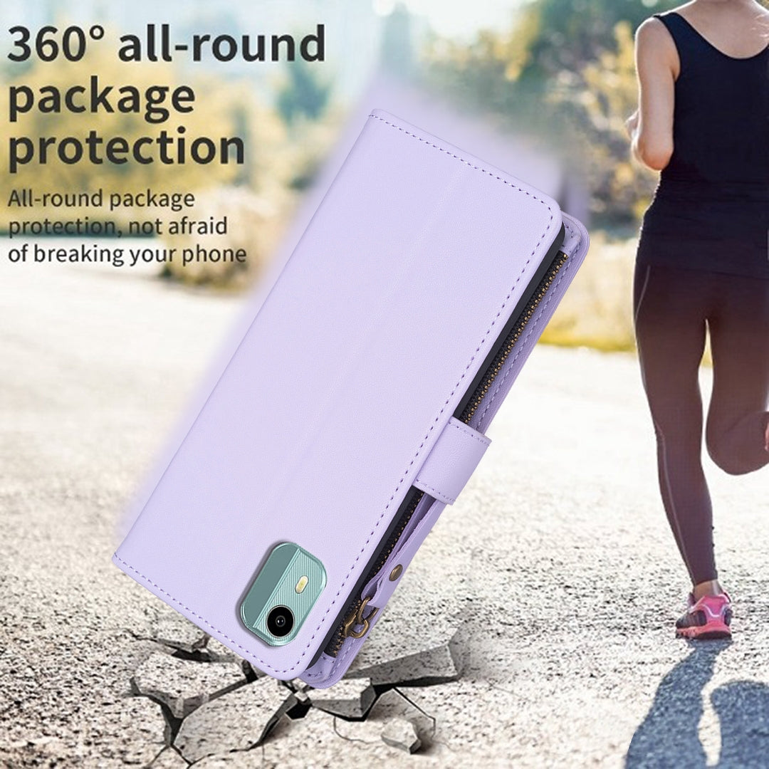 Nokia C12 Leather Flip Phone Case with 9 Card Slots, Zipper Wallet & Detachable Wristlet Strap