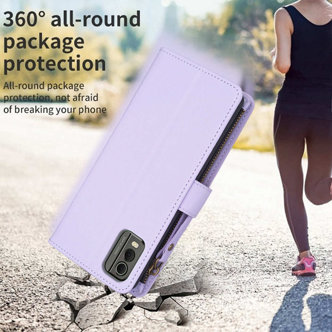 Nokia C32 Leather Flip Phone Case with 9 Card Slots, Zipper Wallet & Detachable Wristlet Strap