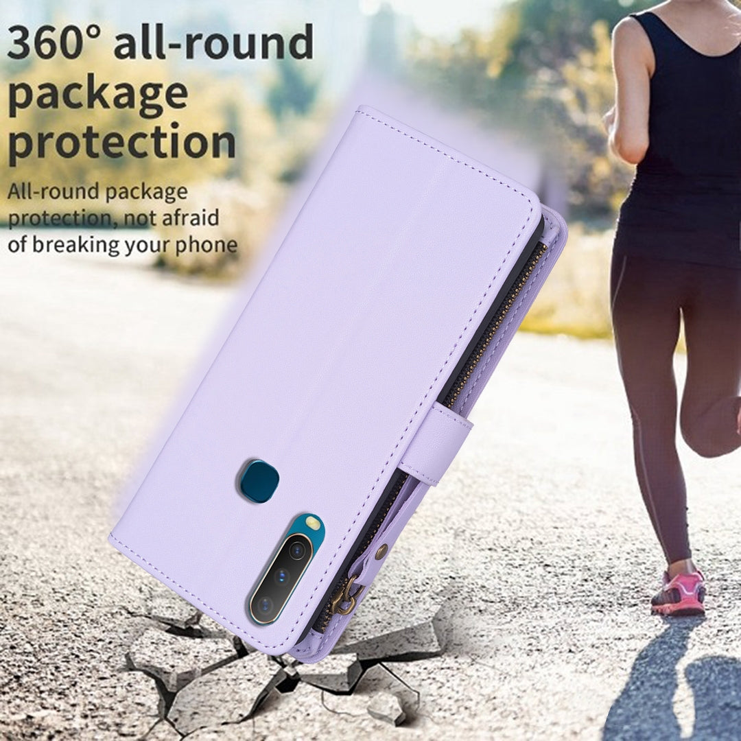 vivo Y12 Leather Flip Phone Case with 9 Card Slots, Zipper Wallet & Detachable Wristlet Strap