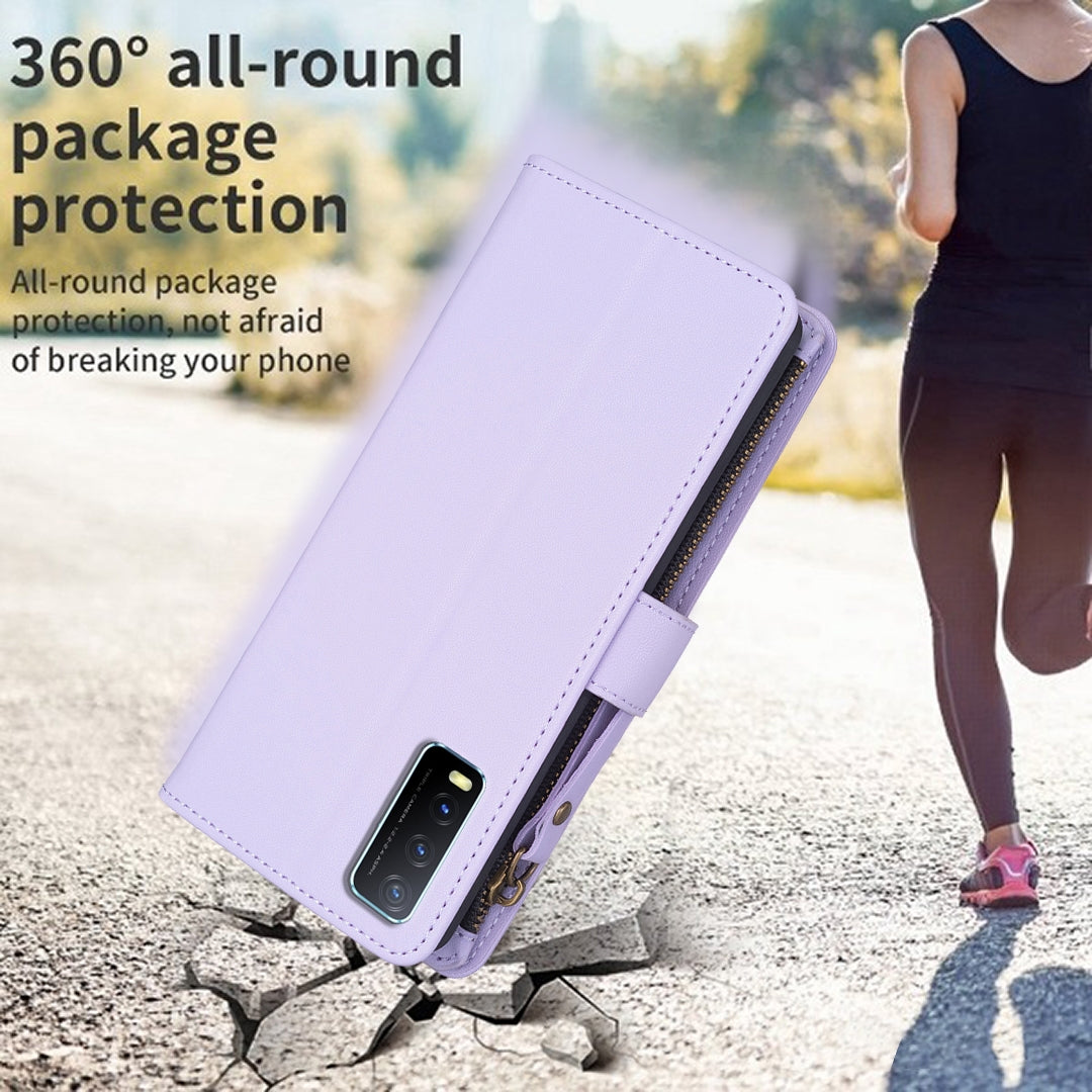 vivo Y20 Leather Flip Phone Case with 9 Card Slots, Zipper Wallet & Detachable Wristlet Strap