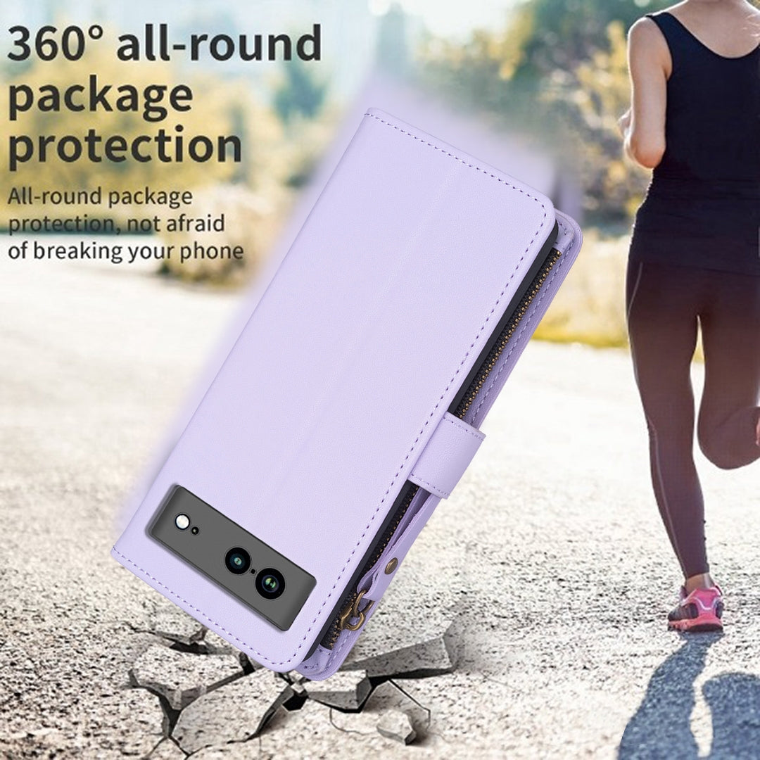 Google Pixel 7a Leather Flip Phone Case with 9 Card Slots, Zipper Wallet & Detachable Wristlet Strap