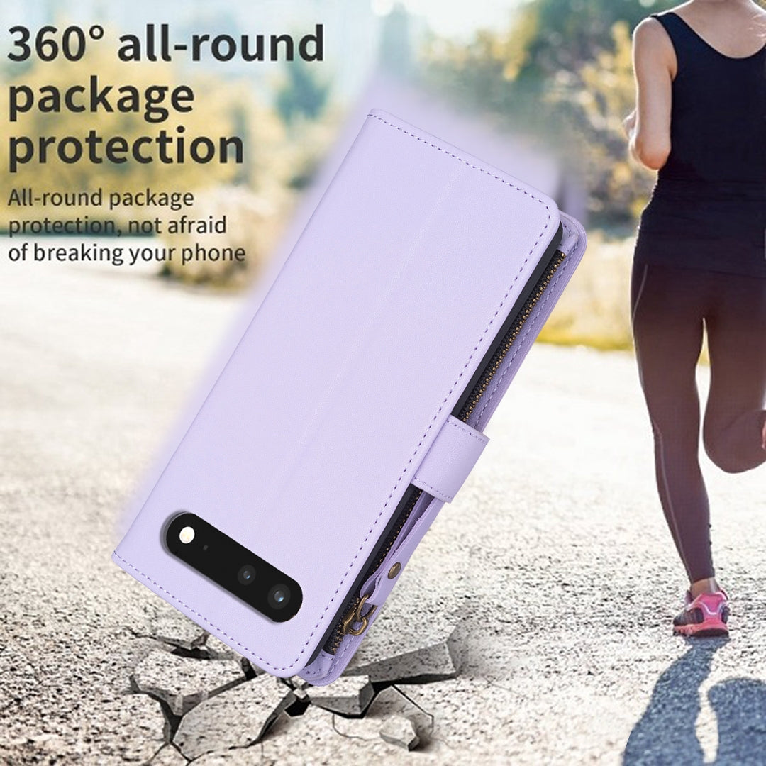 Google Pixel 7 Leather Flip Phone Case with 9 Card Slots, Zipper Wallet & Detachable Wristlet Strap