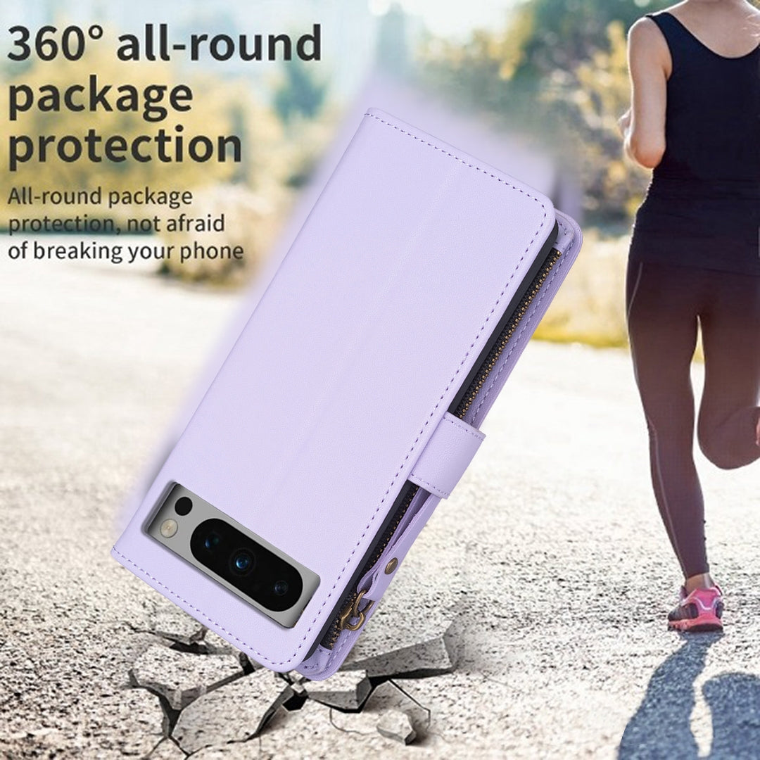 Google Pixel 8 Pro Leather Flip Phone Case with 9 Card Slots, Zipper Wallet & Detachable Wristlet Strap