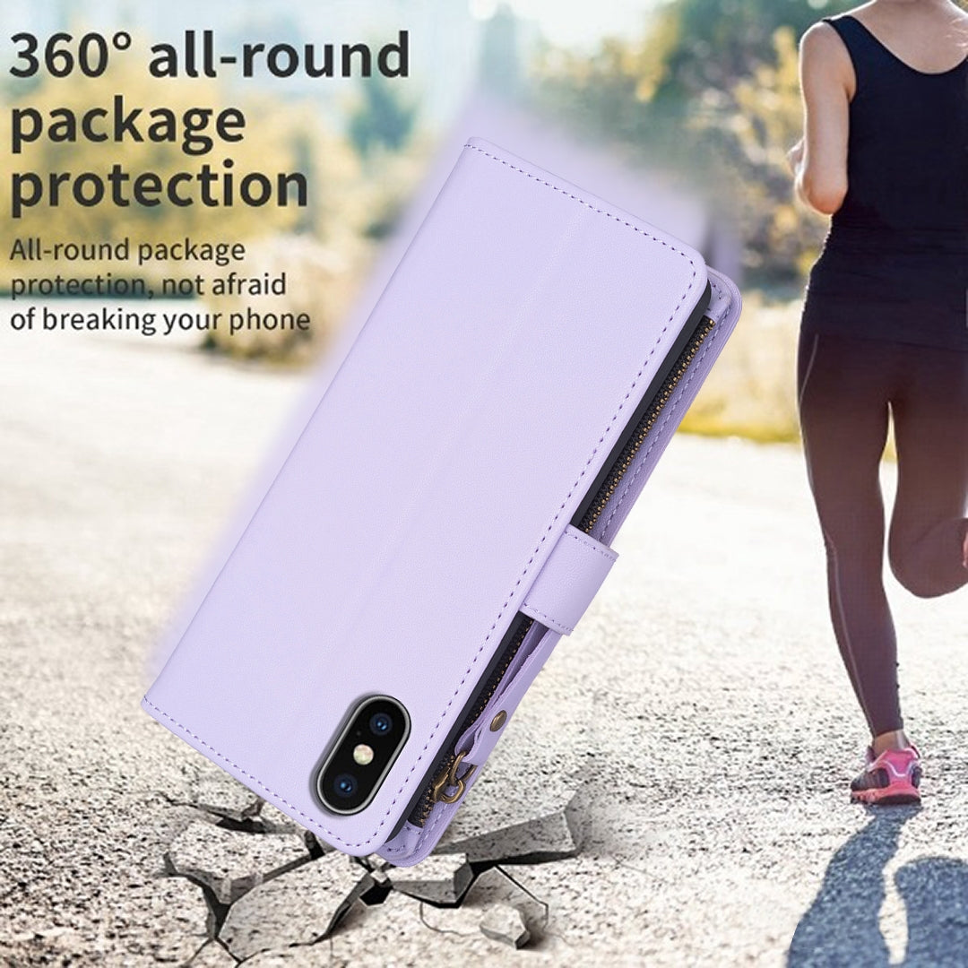 iPhone XS Leather Flip Phone Case with 9 Card Slots, Zipper Wallet & Detachable Wristlet Strap