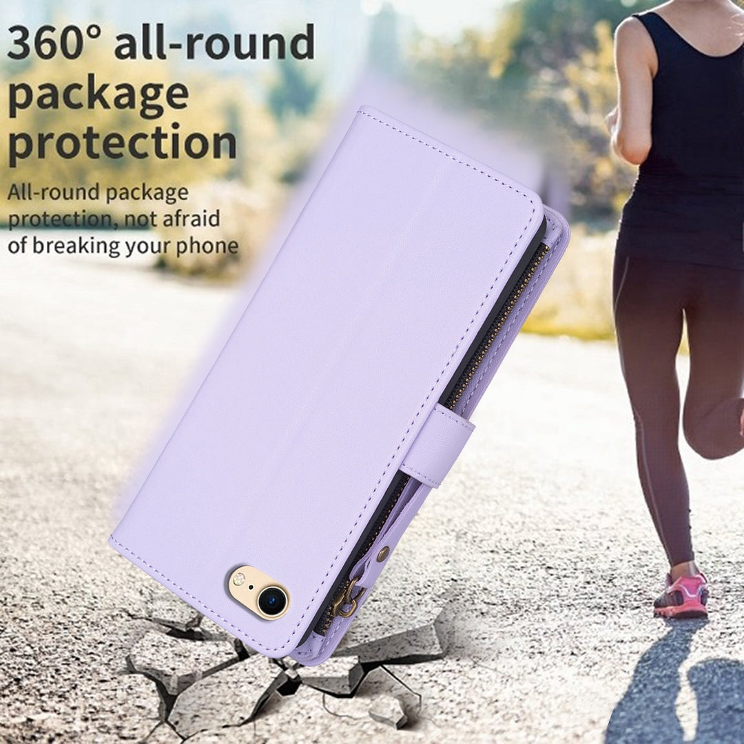 iPhone 8 Leather Flip Phone Case with 9 Card Slots, Zipper Wallet & Detachable Wristlet Strap