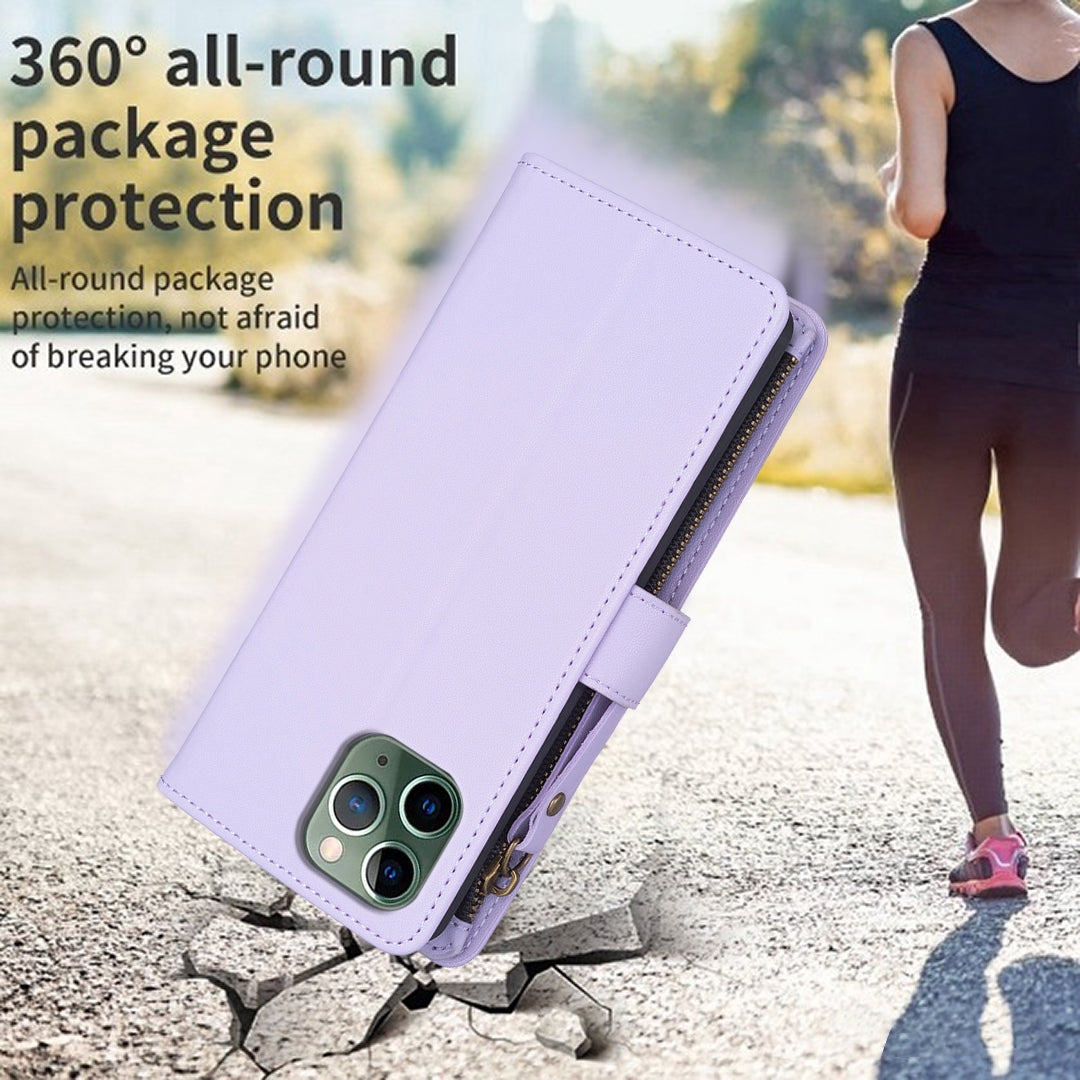 iPhone 11 Pro Leather Flip Phone Case with 9 Card Slots, Zipper Wallet & Detachable Wristlet Strap