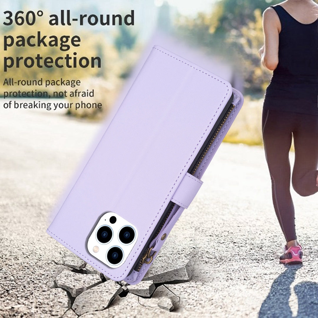 iPhone 15 Pro Leather Flip Phone Case with 9 Card Slots, Zipper Wallet & Detachable Wristlet Strap