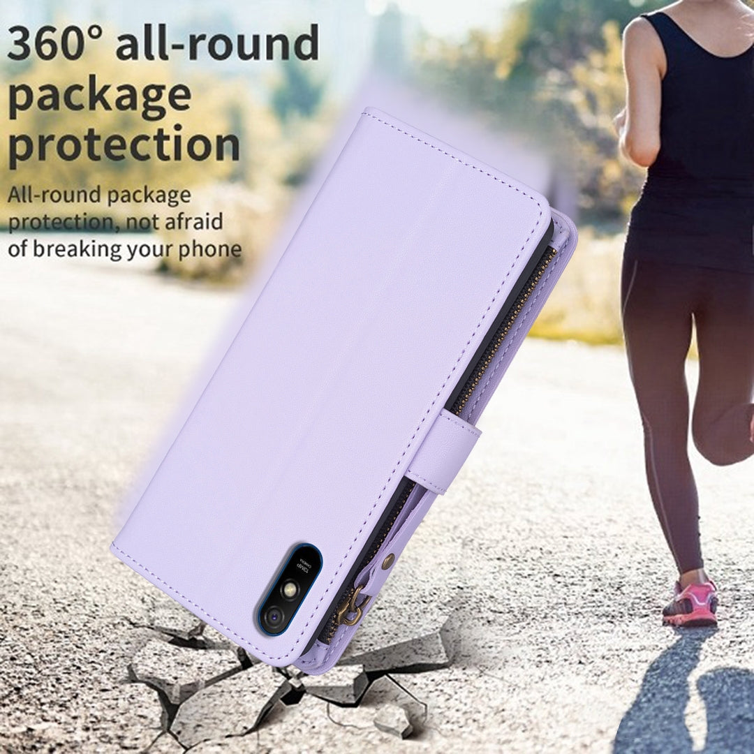 Xiaomi Redmi 9A Leather Flip Phone Case with 9 Card Slots, Zipper Wallet & Detachable Wristlet Strap