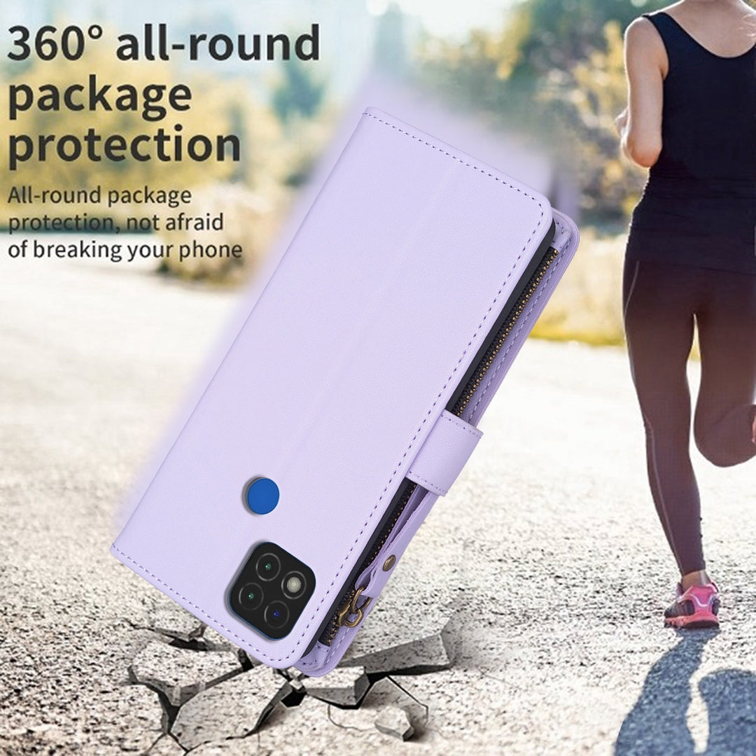 Xiaomi Redmi 9C Leather Flip Phone Case with 9 Card Slots, Zipper Wallet & Detachable Wristlet Strap