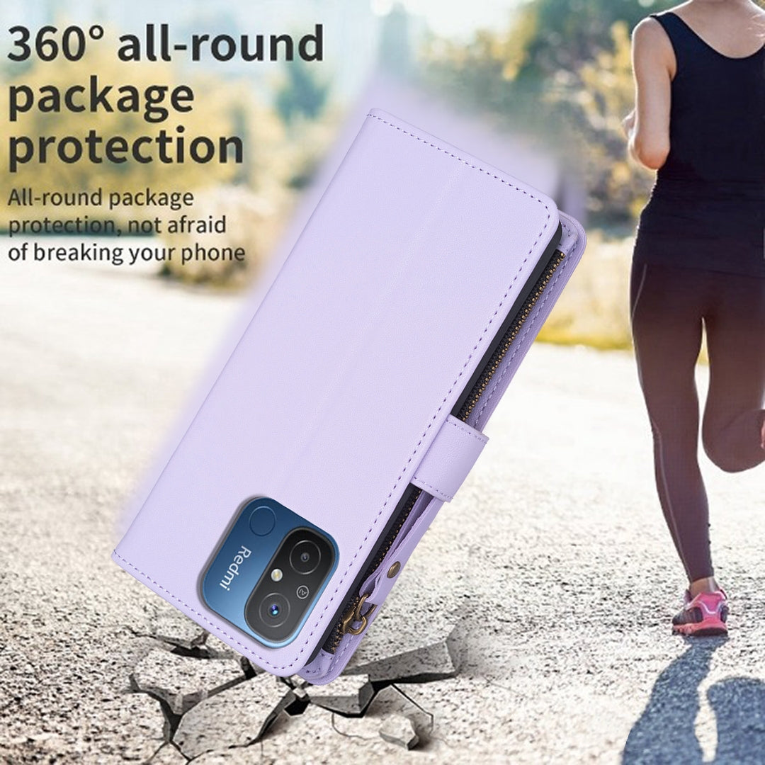 Xiaomi Redmi 12C Leather Flip Phone Case with 9 Card Slots, Zipper Wallet & Detachable Wristlet Strap