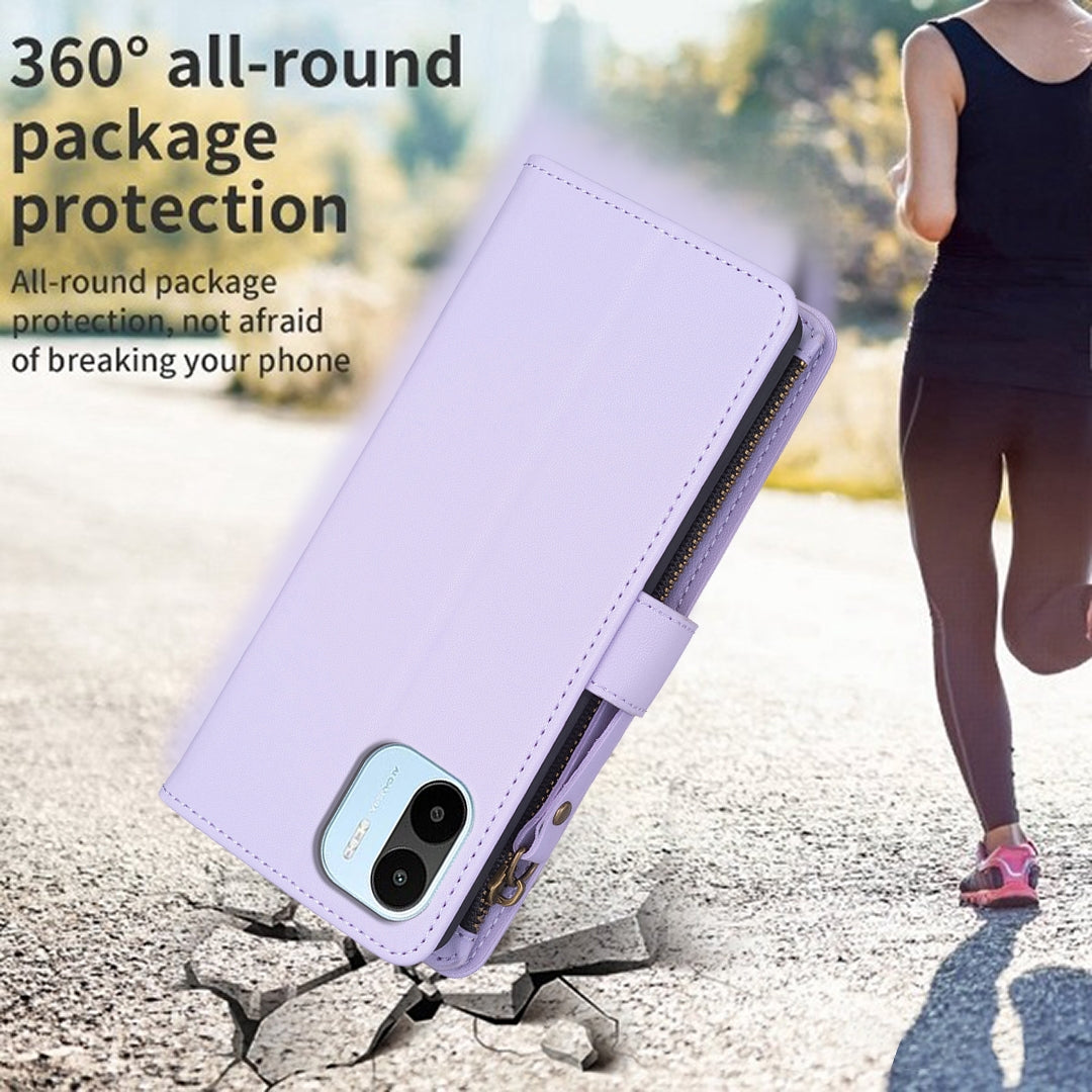 Xiaomi Redmi A2 Leather Flip Phone Case with 9 Card Slots, Zipper Wallet & Detachable Wristlet Strap
