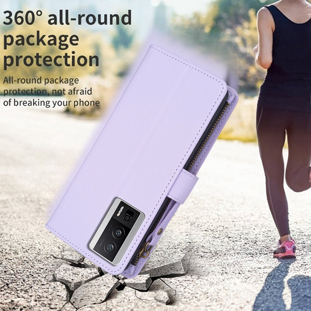 Xiaomi Redmi K60 Pro Leather Flip Phone Case with 9 Card Slots, Zipper Wallet & Detachable Wristlet Strap