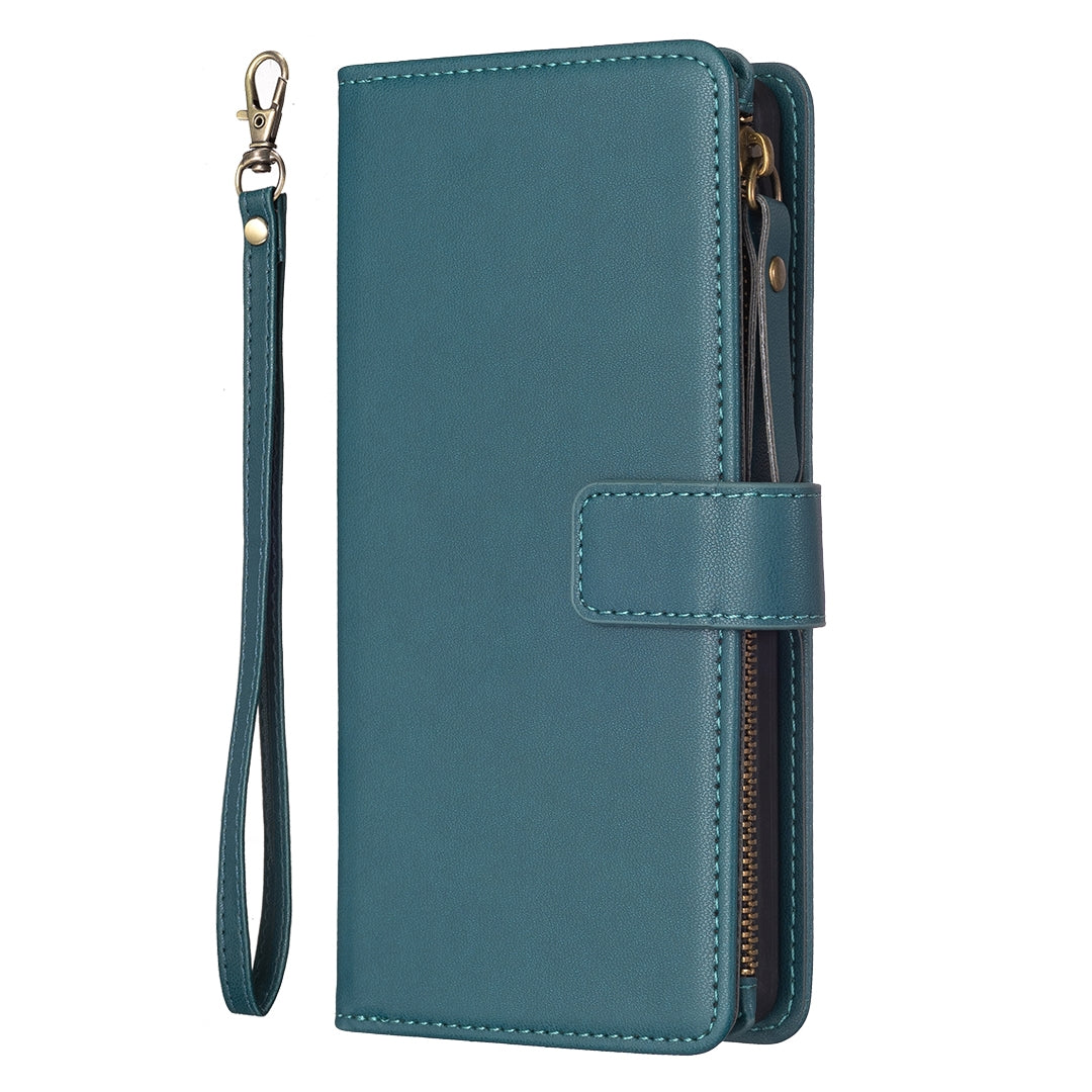 Xiaomi Redmi Note 9 Pro Max Leather Flip Phone Case with 9 Card Slots, Zipper Wallet & Detachable Wristlet Strap