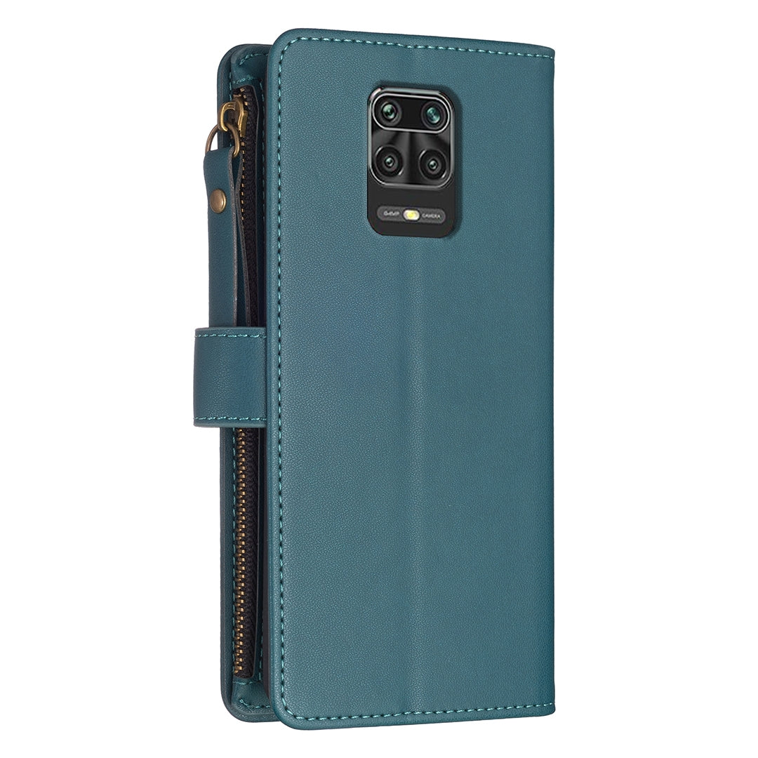 Xiaomi Redmi Note 9 Pro Max Leather Flip Phone Case with 9 Card Slots, Zipper Wallet & Detachable Wristlet Strap