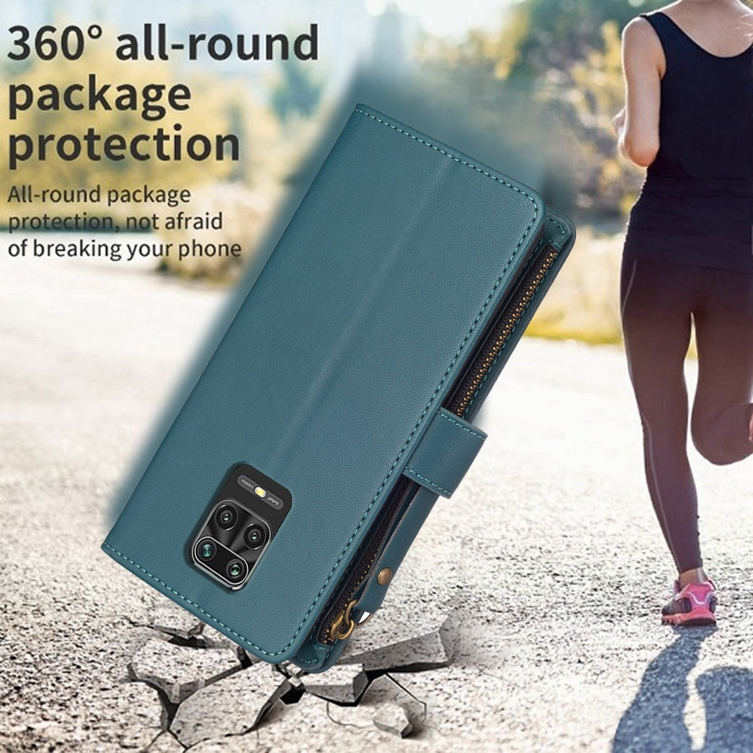 Xiaomi Redmi Note 9 Pro Max Leather Flip Phone Case with 9 Card Slots, Zipper Wallet & Detachable Wristlet Strap