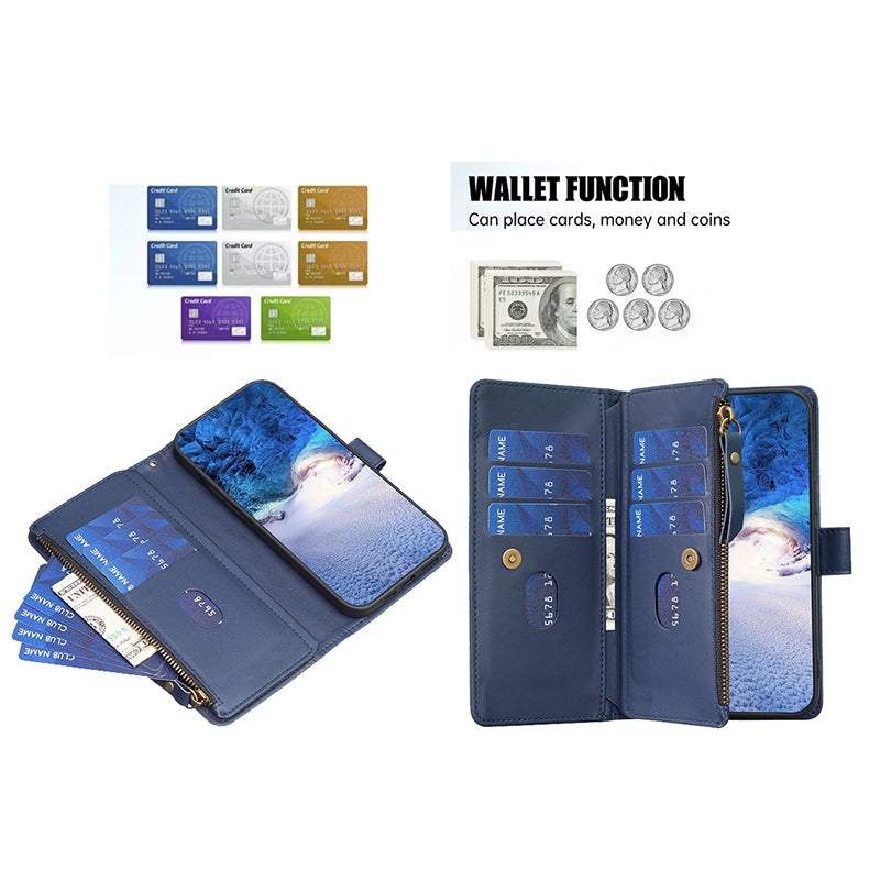 Xiaomi Redmi Note 9 Pro Max Leather Flip Phone Case with 9 Card Slots, Zipper Wallet & Detachable Wristlet Strap