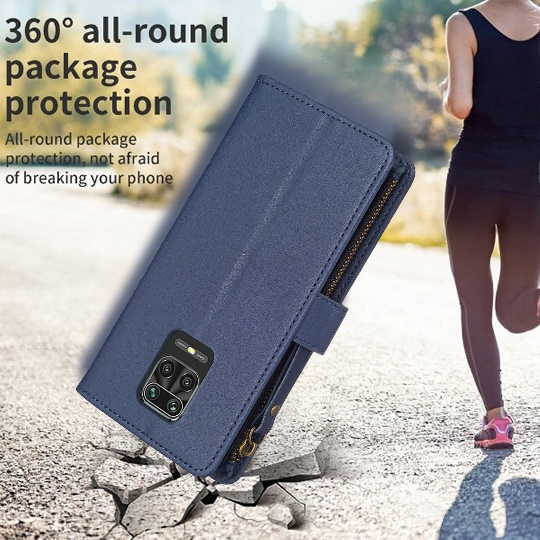 Xiaomi Redmi Note 9 Pro Max Leather Flip Phone Case with 9 Card Slots, Zipper Wallet & Detachable Wristlet Strap