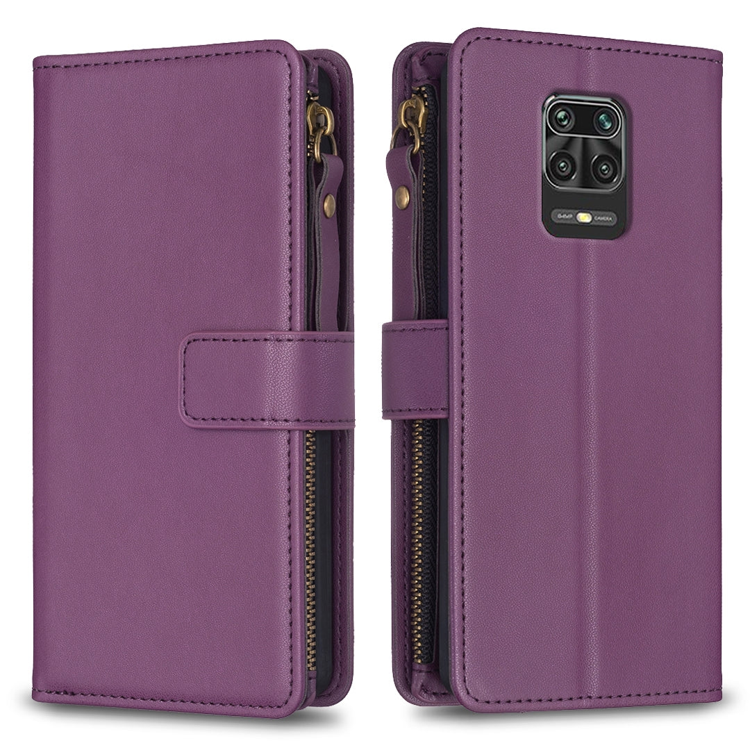 Xiaomi Redmi Note 9 Pro Max Leather Flip Phone Case with 9 Card Slots, Zipper Wallet & Detachable Wristlet Strap