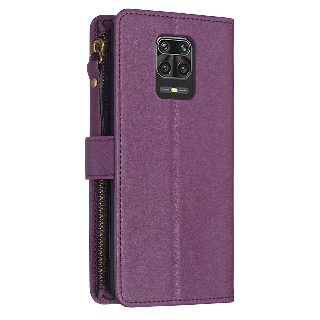 Xiaomi Redmi Note 9 Pro Max Leather Flip Phone Case with 9 Card Slots, Zipper Wallet & Detachable Wristlet Strap