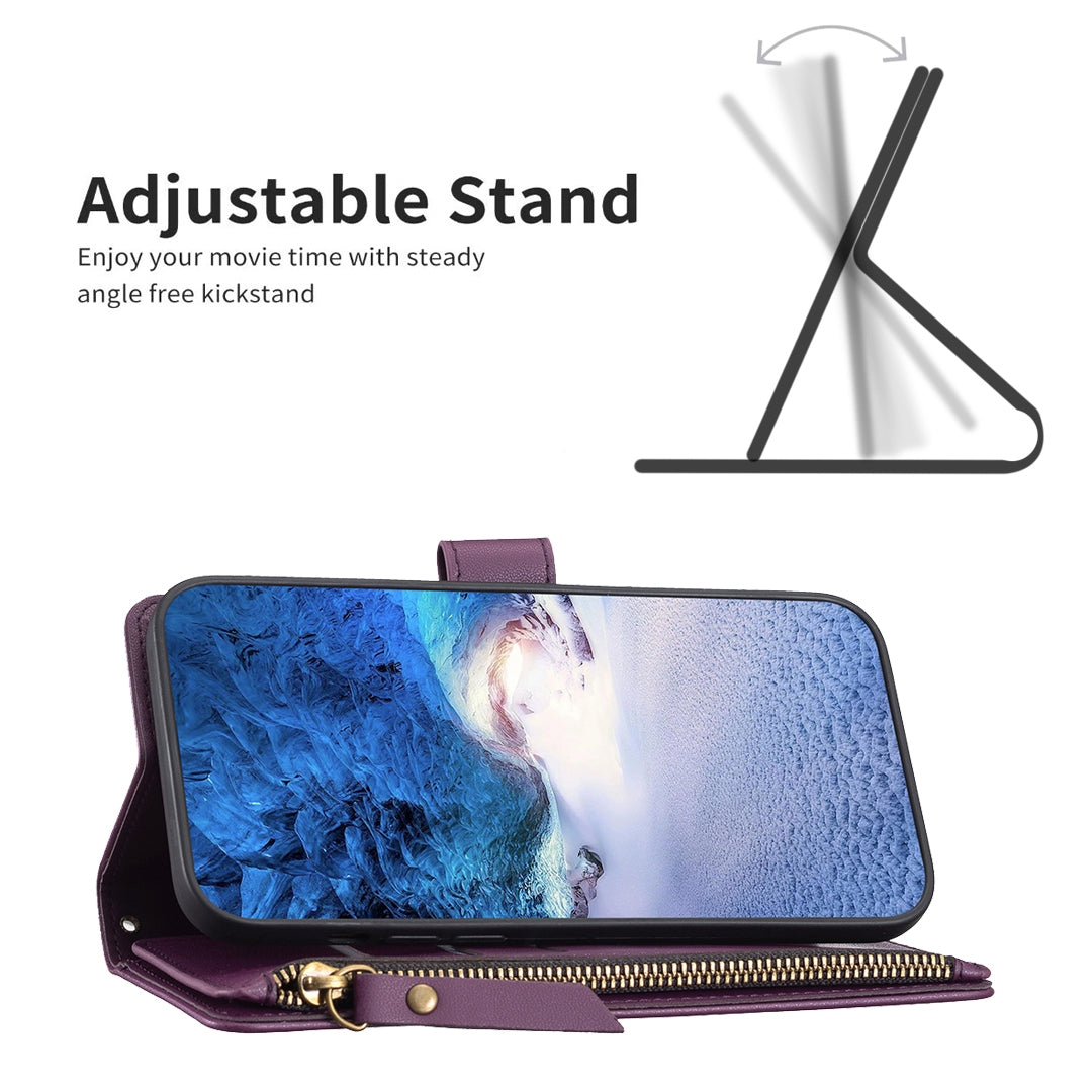 Xiaomi Redmi Note 9 Pro Max Leather Flip Phone Case with 9 Card Slots, Zipper Wallet & Detachable Wristlet Strap
