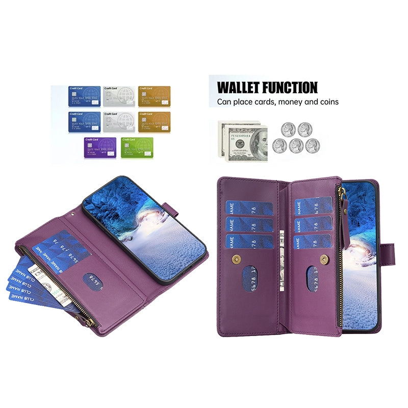 Xiaomi Redmi Note 9 Pro Max Leather Flip Phone Case with 9 Card Slots, Zipper Wallet & Detachable Wristlet Strap