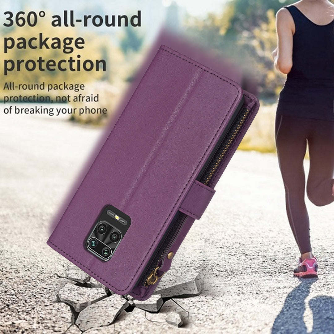Xiaomi Redmi Note 9 Pro Max Leather Flip Phone Case with 9 Card Slots, Zipper Wallet & Detachable Wristlet Strap
