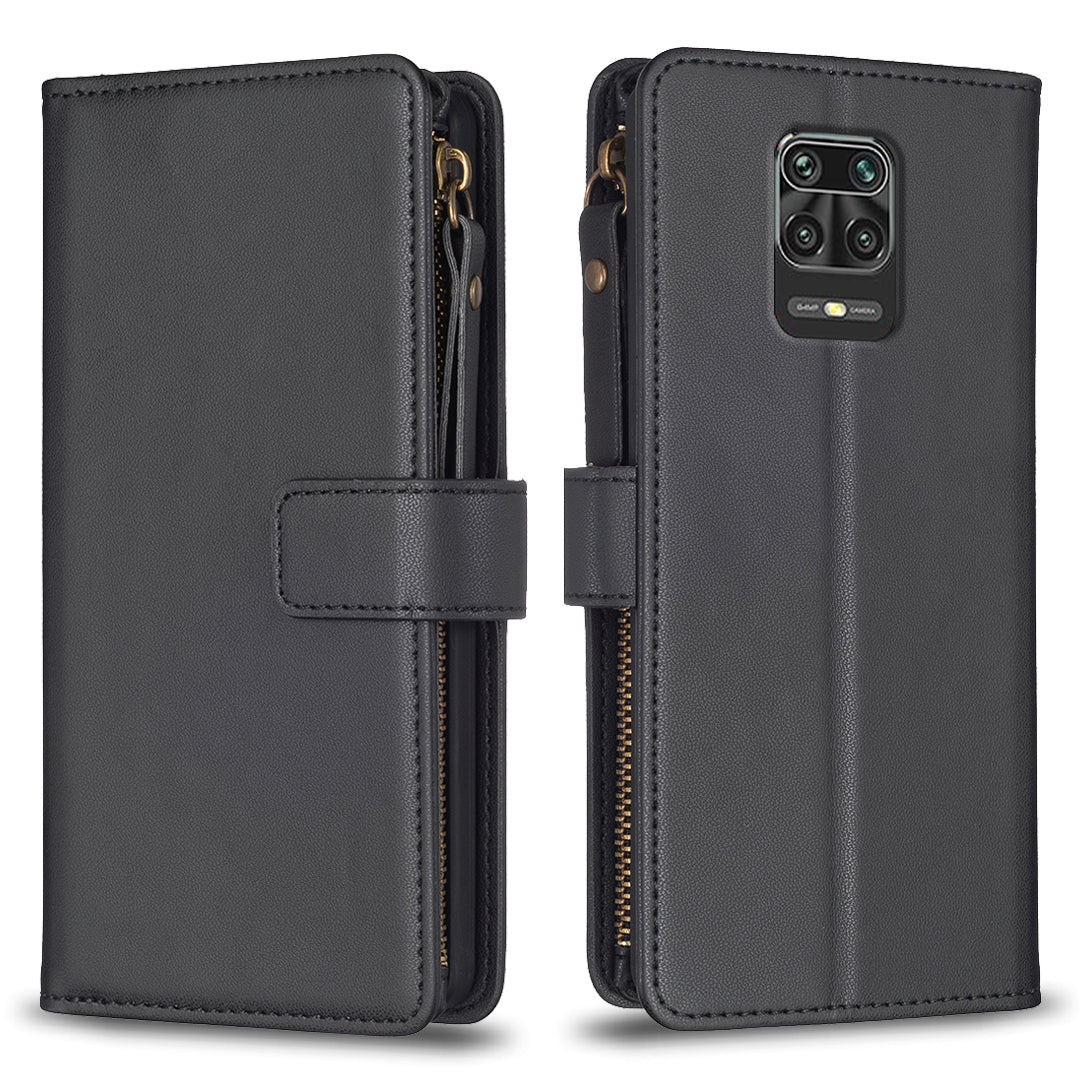Xiaomi Redmi Note 9 Pro Max Leather Flip Phone Case with 9 Card Slots, Zipper Wallet & Detachable Wristlet Strap