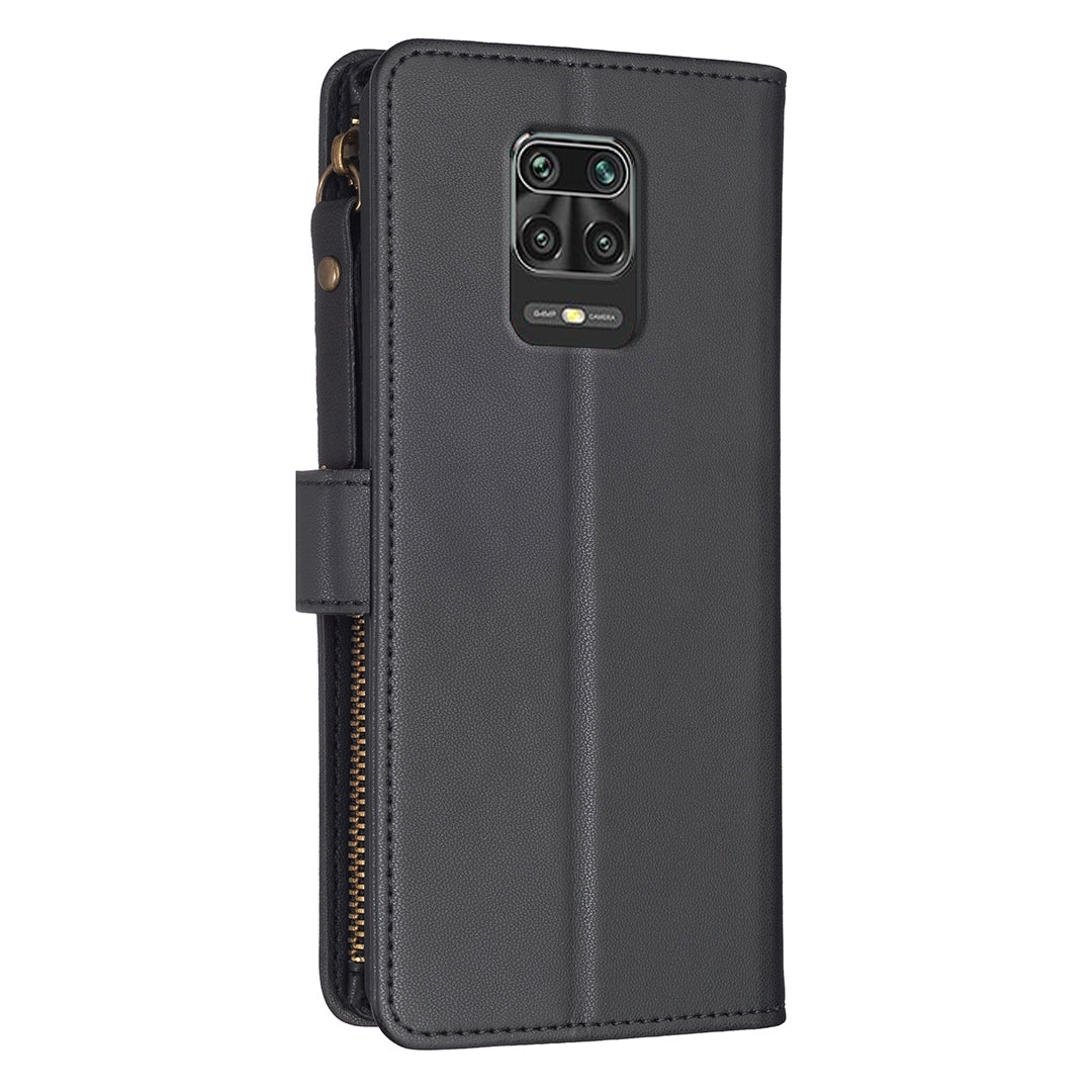 Xiaomi Redmi Note 9 Pro Max Leather Flip Phone Case with 9 Card Slots, Zipper Wallet & Detachable Wristlet Strap