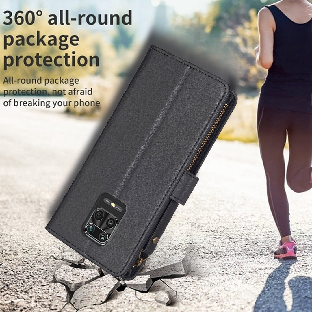 Xiaomi Redmi Note 9 Pro Max Leather Flip Phone Case with 9 Card Slots, Zipper Wallet & Detachable Wristlet Strap