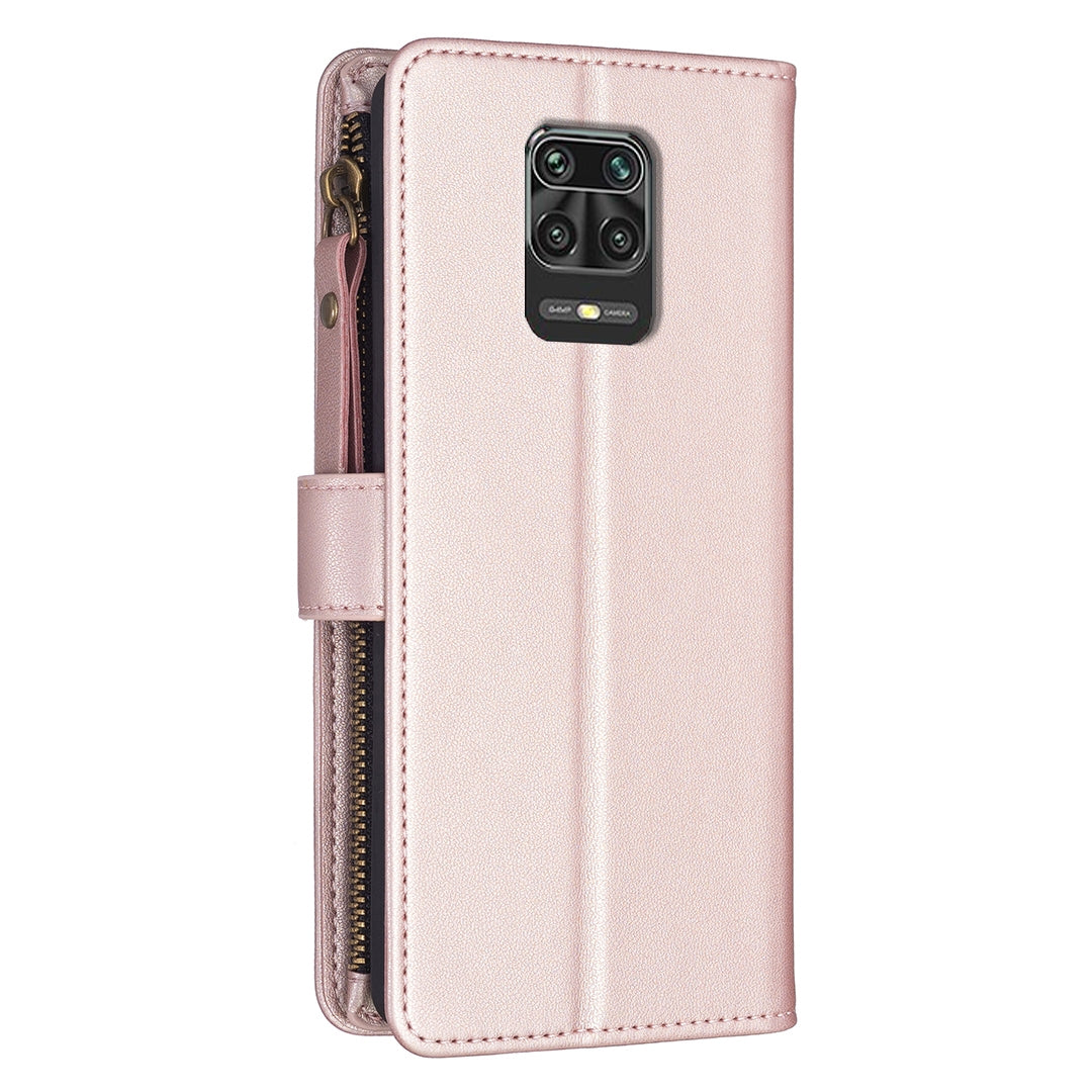 Xiaomi Redmi Note 9 Pro Max Leather Flip Phone Case with 9 Card Slots, Zipper Wallet & Detachable Wristlet Strap