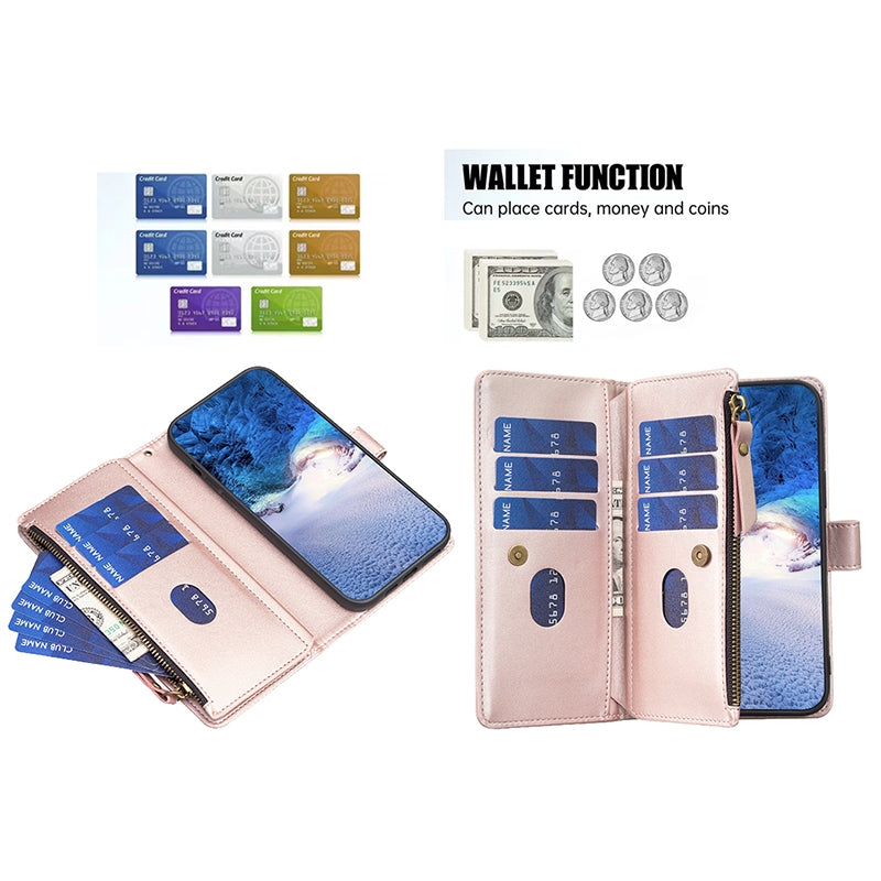 Xiaomi Redmi Note 9 Pro Max Leather Flip Phone Case with 9 Card Slots, Zipper Wallet & Detachable Wristlet Strap