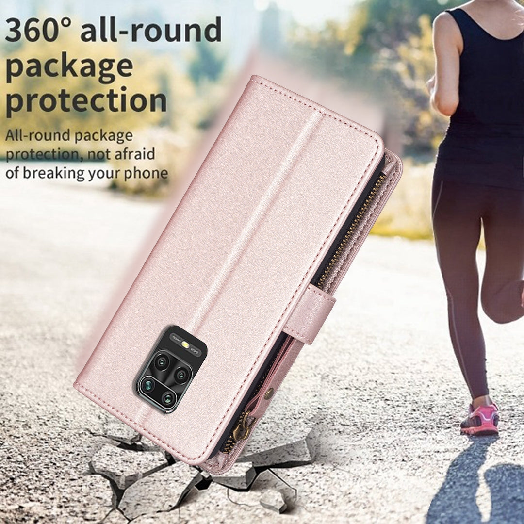 Xiaomi Redmi Note 9 Pro Max Leather Flip Phone Case with 9 Card Slots, Zipper Wallet & Detachable Wristlet Strap
