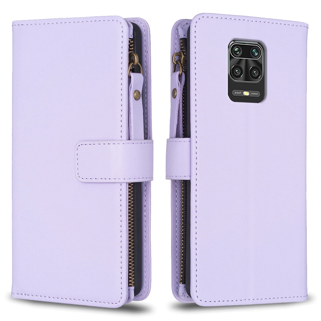 Xiaomi Redmi Note 9 Pro Max Leather Flip Phone Case with 9 Card Slots, Zipper Wallet & Detachable Wristlet Strap