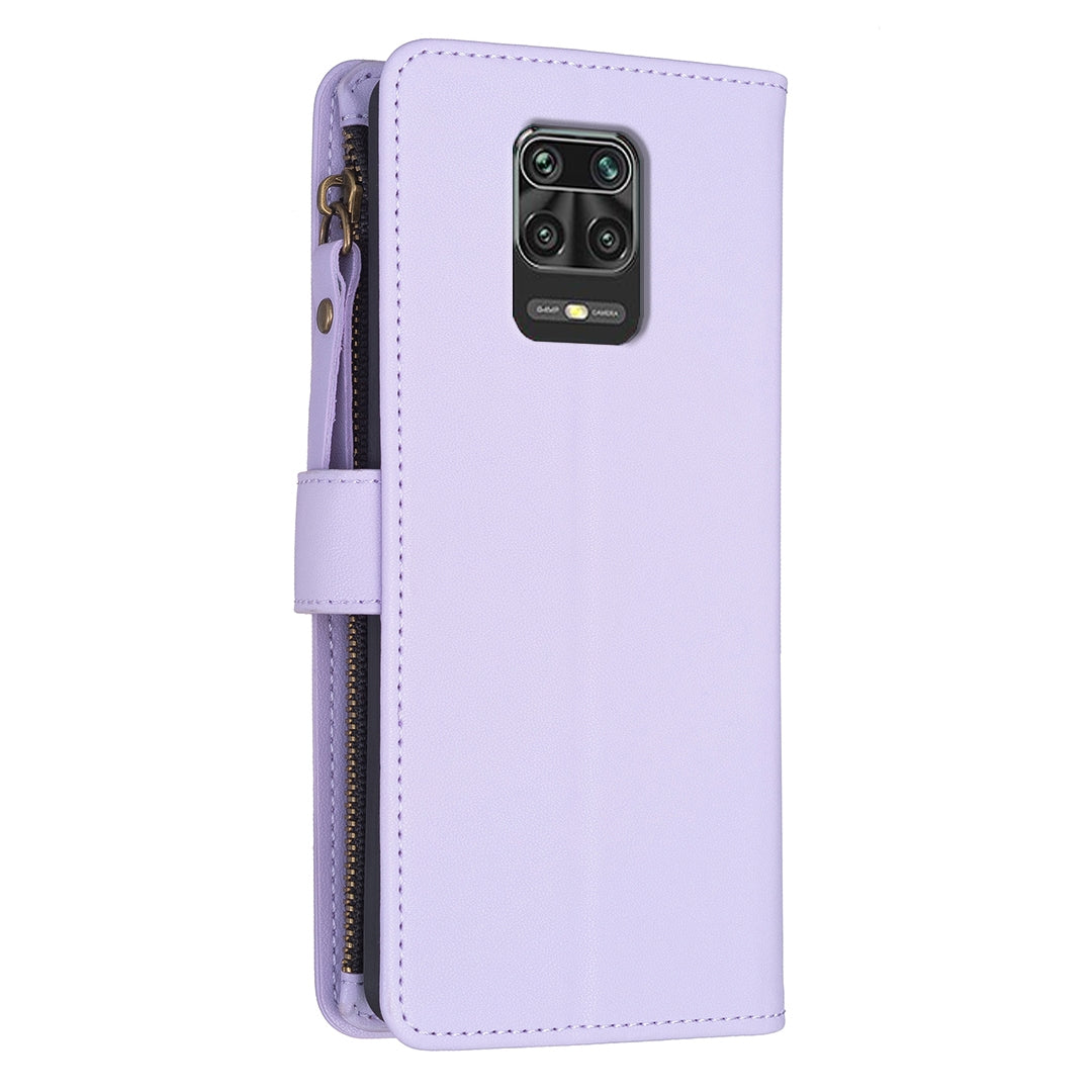 Xiaomi Redmi Note 9 Pro Max Leather Flip Phone Case with 9 Card Slots, Zipper Wallet & Detachable Wristlet Strap