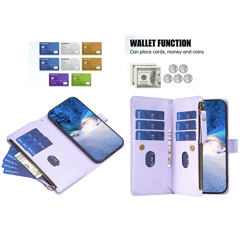 Xiaomi Redmi Note 9 Pro Max Leather Flip Phone Case with 9 Card Slots, Zipper Wallet & Detachable Wristlet Strap